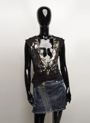 Top vintage Playboy cuello en V profundo glamour Y2K negro/plateado talla 10 Foto 1 de 4