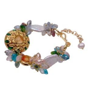 White Keshi Pearl Multi Color Crystal Murano Glass Beaded Bracelet - Picture 1 of 6