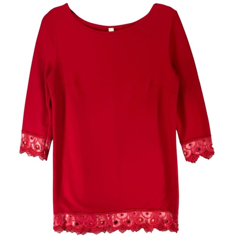 VALENTINO CY USA Mini Abito Donna S Rosso Crepe Ecopelle Bordo Pizzo Retrò Romantico Vintage