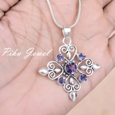 Faceted Amethyst Gemstone Cross 925 Sterling Silver Faith Based Pendant Jewelry - Image 1 of 4