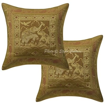 Elephant Brocade Jacquard Pillow Cases 16 x 16 Indian Cotton Cushion Covers 2 Pc - Image 1 of 3