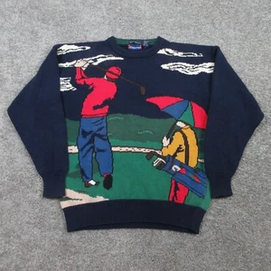 Vintage Golf Sweater Mens Large Navy Hathaway Hand Intarsia Knit AOP Two Sided - Picture 1 of 10