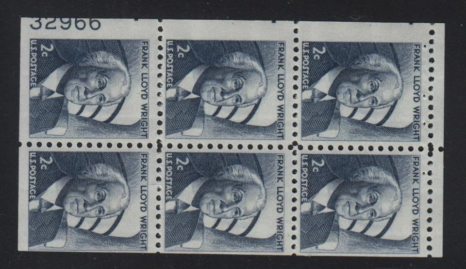 1971 Frank Lloyd Wright 1280c pane MNH 80% plate number 32966 - Image 1 of 1