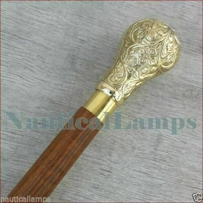 Antique Style Brass knob Round Head Handle Wooden Walking Stick Cane Handmade - Image 1 of 4