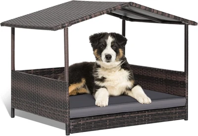 Casa de mimbre para perros, cama elevada de ratán para perros con techo impermeable, cojín lavable C Foto 1 de 4