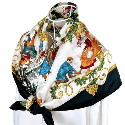 RARE Vtg HERMES Carre 90 Silk Scarf "Joies d'Hiver" by Joachim Metz Black Used - Image 1 of 4