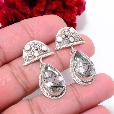 Black Rutilated Quartz Designer Handmade 925 Sterling Silver Earring 1.56" E9057 - Image 1 of 4