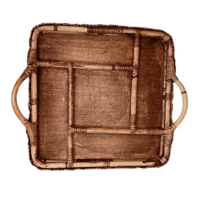Large Bamboo And Woven Rattan Wicker Serving Tray With 5 Sections & Two Handles - Image 1 of 4