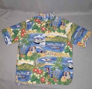 Reyn Spooner Shirt Mens Large Blue Hawaiian Aloha Rayon Tailored USA Seaplane - Picture 1 of 15