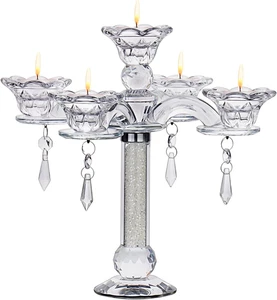 Crystal Candelabra Candle Holders for Tea Lights - 5 Arm 10" Crystal Candelabra - Picture 1 of 5
