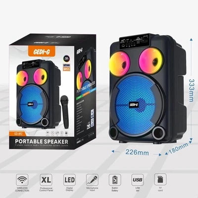 karaoke GD-892 Woofer 8'' tweeter 3'' Bluetooth AUX USB TF FM TWS RGB MICROFONO - Immagine 1 di 4