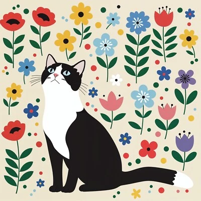 Tarjeta de felicitación gato blanco y negro en flores esmoquin floral gato  Foto 1 de 3