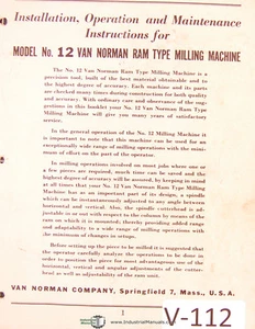 Van Norman 12, fresadora, mantenimiento de operaciones de instalación y manual de piezas - Imagen 1 de 1