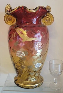 MOSER AMBERINA 12" GROSSE VASE - VERGOLDET & EMAILLIERT - HD PTD BLUMEN & VOGEL - UM 1890 - Bild 1 von 11