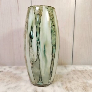 10.25" Tall Glass Vase Decoration Browns Creams Turquoise Drip Flow Design Decor - Picture 1 of 11
