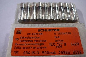 F500MA250V SCHNELLES BLASEN GLASSICHERUNG 5mm x 20mm (10er Pack) von Schurter - Bild 1 von 2