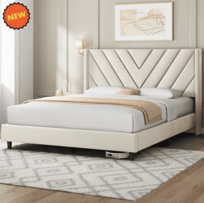 Marco De Cama Plataforma Tapizada en Terciopelo Cama Queen Size Cabecera Beige Foto 1 de 4