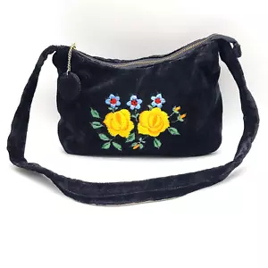 Womens Shoulder Handbag Purse Corduroy Black Velvet Floral Embroidery VTG Japan - Picture 1 of 14