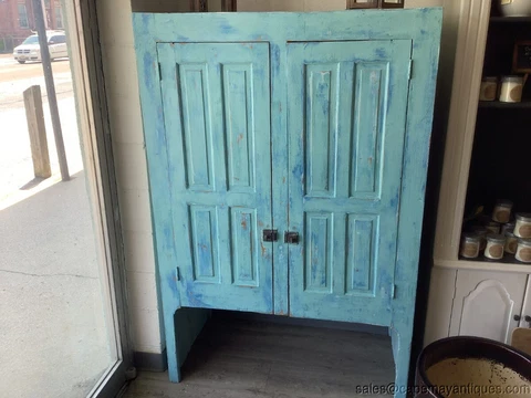 Antique Hutch Top Cabinet Pantry Painted Blue Shades Distressed Cupboard Cabinet Cover