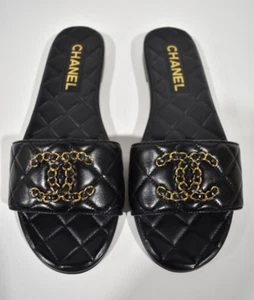 Chanel 23P Black Chain Gold CC Logo Quilted Mules Slide Sandal Slip On Flat 38 - Picture 1 of 12