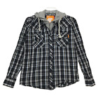 SoulCal California Snap Front 2 Layer Shirt w/ Hoodie Mens L Large Black Plaid *