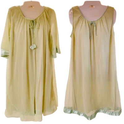 Vintage 1960’s Peignoir Nightgown & Robe SET Chiffon Nylon Satin Trim Green Sz M - Image 1 of 4