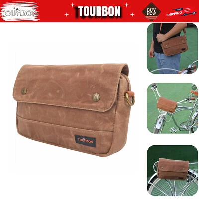 TOURBON Canvas Bike Handlebar Bag Waterproof Frame Pouch Rack Tube Bag w/Strap - Image 1 of 4