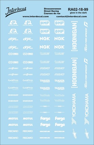 Décalcomanies Phosphorescentes INTERDECAL 1/18 - Feuille 120x80mm, Motif Courses De Rue, Pour Customisation Voitures Miniatures