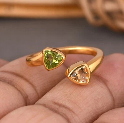 Позолоченные кольца с двойным камнем кольцо с цитрином и перидотом - Изображение 1 из 4