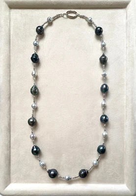 Collana lunga barocca multicolore Akoya/perla tahitiana argento sterling, 26" - Immagine 1 di 4