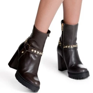 BEAUTIISOLES Brigette Studded Harness Leather Heeled Bootie in Brown Size 37 - Picture 1 of 14