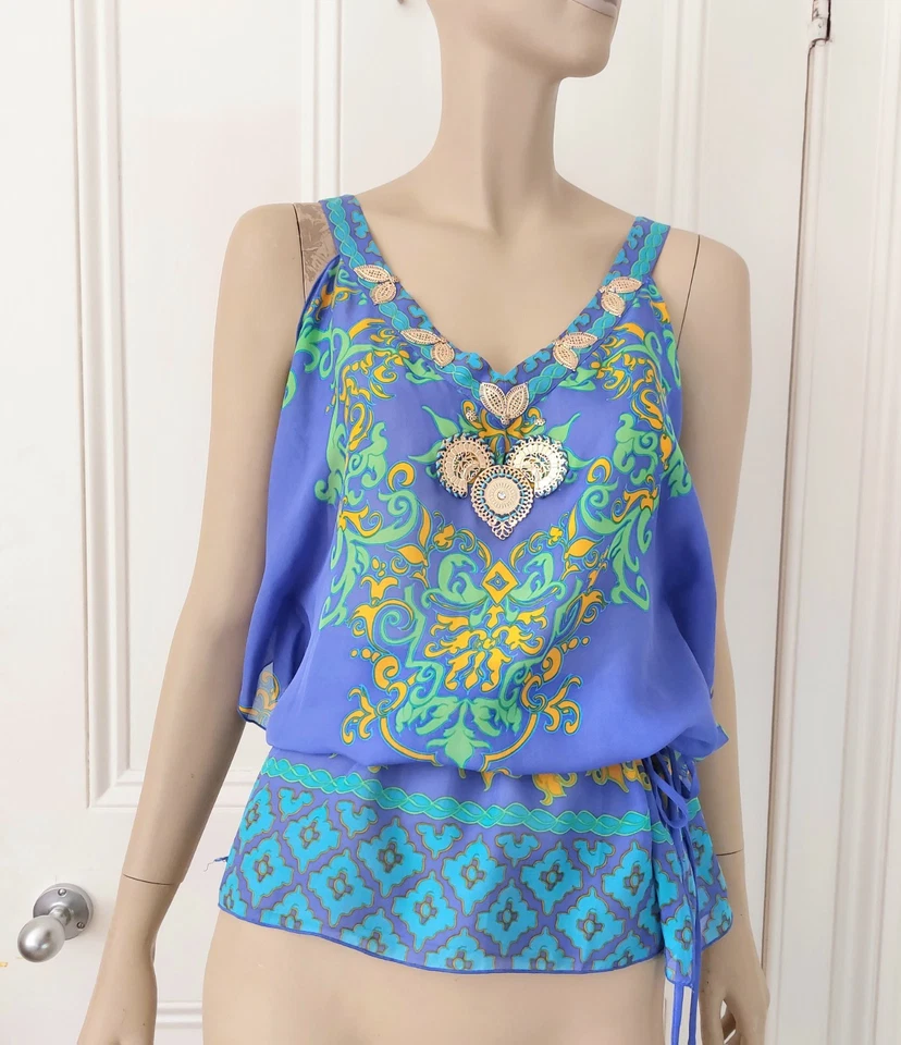 Hale Bob Silk Chiffon Blue Top Size XS / S Beach Metallic  Foto 1 de 4