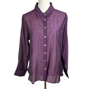 Bailey 44 NWT L Wine Rhinestone Embellishment Long Sleeve Button Up Sheer Blouse - Picture 1 of 12