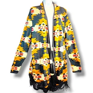 Lucky Brand Fringe Fleece Cardigan Women's Size XL Open Aztec Southwestern - Picture 1 of 13