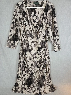 Lauren Ralph Lauren Dress 18W Black White Floral Long Sleeve Midi Wrap Career - Image 1 of 4