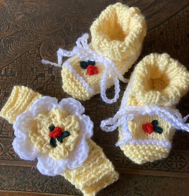 BABY HEADBAND & BOOTIES Hand-knitted/Hand-crocheted by me. Yellow with Red Roses - image 1 of 3
