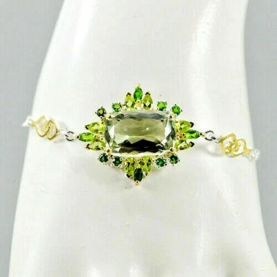 NATURAL 12 CT+ GREEN AMETHYST PERIDOT DIOPSIDE BRACELET 925 STERL SILVER 14K WGP - Image 1 of 3