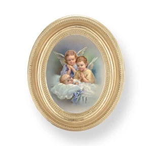 Gold Oval Frame Guardian Angels Print, 3 1/2" x 4 1/2", Italy - Picture 1 of 2