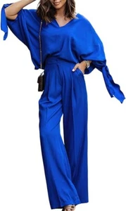 Women's 2 Piece Outfits V Neck Batwing Sleeve Blouse Tunic Tops High Waist Wide - Picture 1 of 14