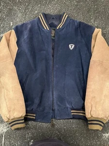 Vintage 90’s Firestone Suede Bomber Jacket Men’s Navy/Tan XL - Picture 1 of 18
