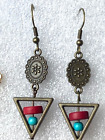 Boucles d'oreilles sud-ouest/bohême - bronze antique de forme géo-métrique rouge et turquoise