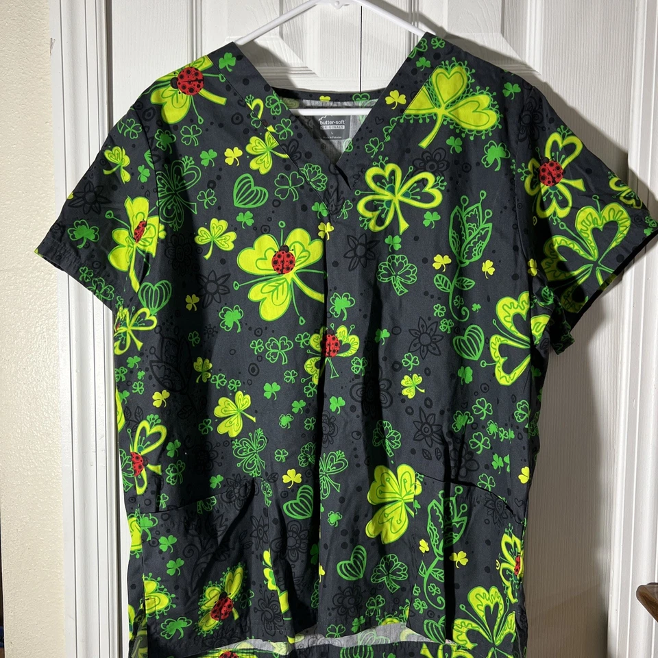 Butter-Soft Originals Ladies Bugs  & Clovers Pewter Women’s  Scrub Top - Image 1 of 4