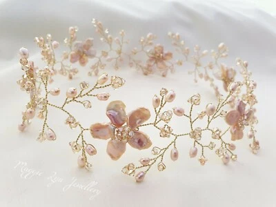 Blush pink & Gold Bridal halo, flower crown, wreath wedding hair head piece vine - Image 1 of 4