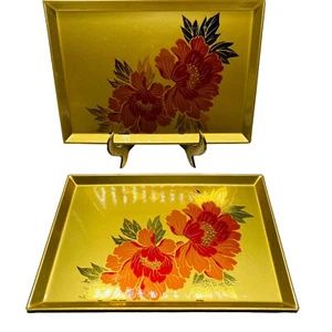 Set of 3 Vintage Gold Red Floral Lacquerware Small Vanity Trinket Trays Regency - Picture 1 of 6