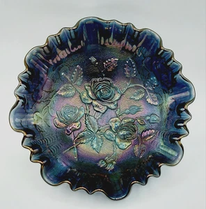 Vintage Imperial Glass Amethyst Rose Lustre Bowl 8" 3-Toed Roses Iridescent 1981 - Picture 1 of 9