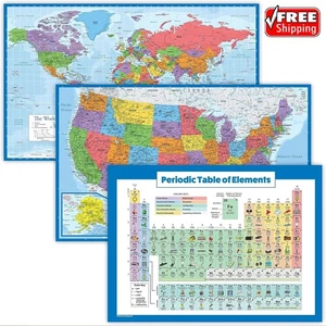 3 Pack - World & USA Map Poster Set + Periodic Table of 18" X 29, LAMINATED - Picture 1 of 6