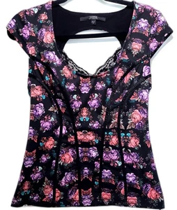 Y2K Vintage Guess Corset Roses Fitted Structured Top Lace Women's M Side Zip - Picture 1 of 11