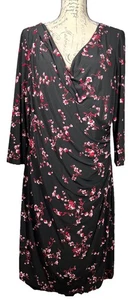 Lauren Ralph Lauren Faux Wrap Dress Size 18 Black Red Floral Print Super Soft - Picture 1 of 10