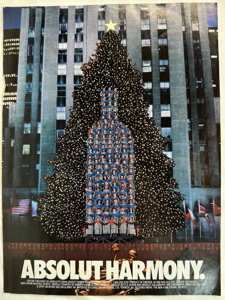 VTG 1992 Absolut Vodka Harmony Rockefeller Center Christmas New York  Print AD - Image 1 of 3