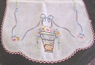 DE COLECCIÓN BORDADO A MANO MESA CORREDOR TOCADOR BUFANDA FLOR CESTA BORDE ENCAJE Foto 1 de 4